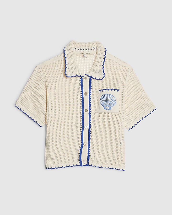 Beige Knitted Shell Pocket Collared Top