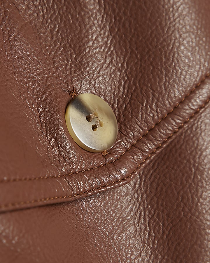 Brown Faux Leather Funnel Neck Jacket