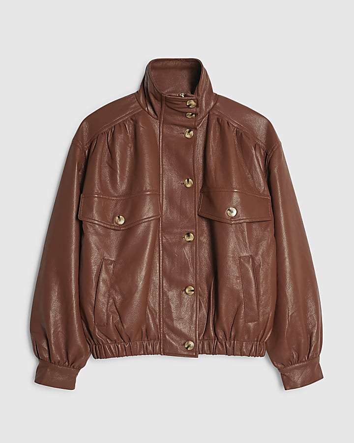 Brown Faux Leather Funnel Neck Jacket