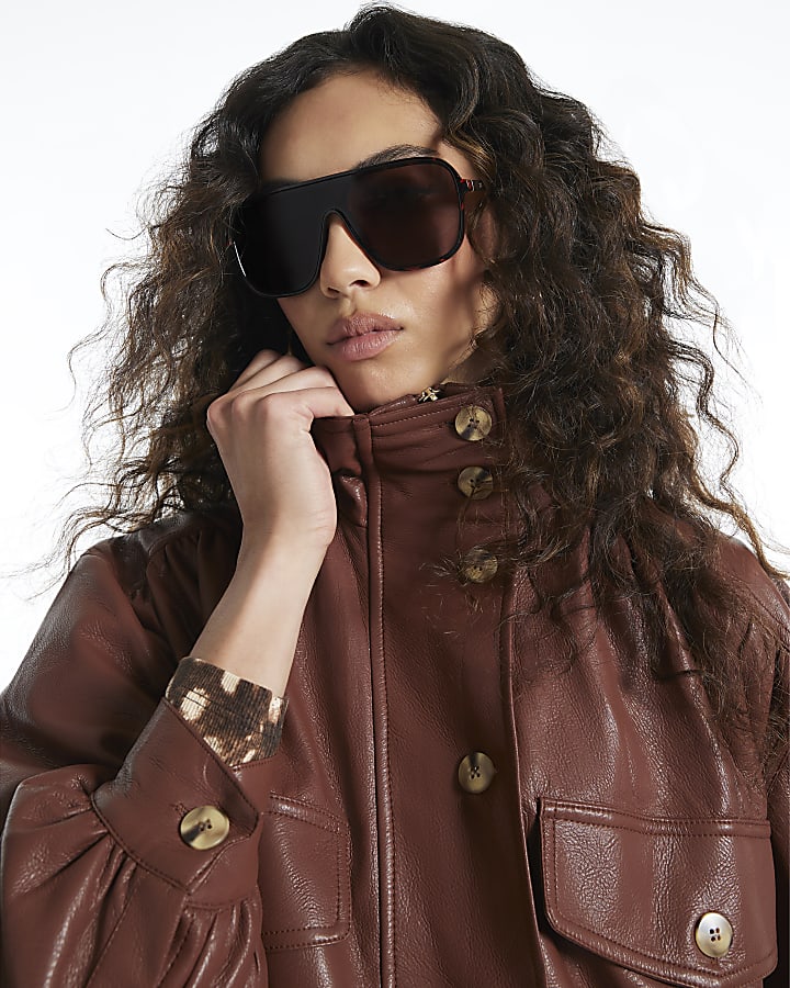 Brown Faux Leather Funnel Neck Jacket