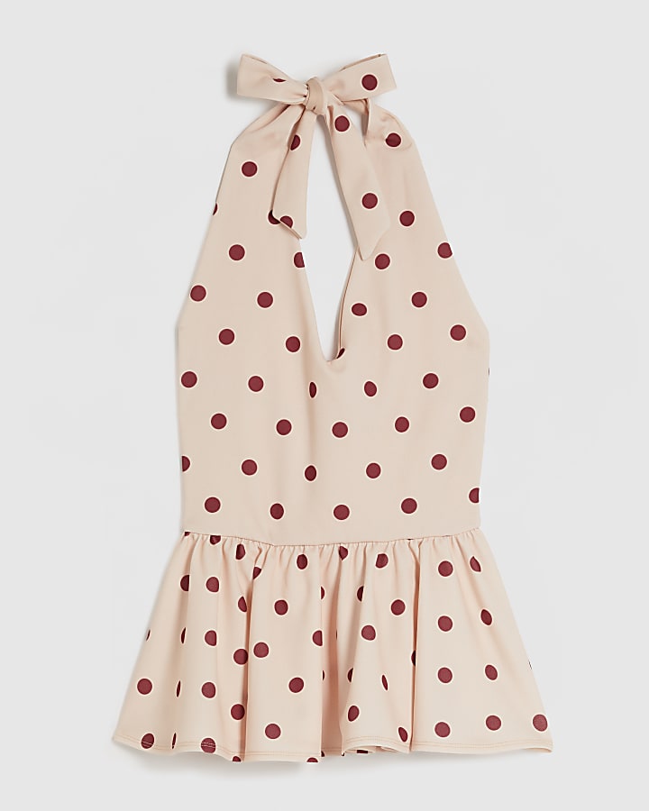 Pink Spot Halter Neck Peplum Top