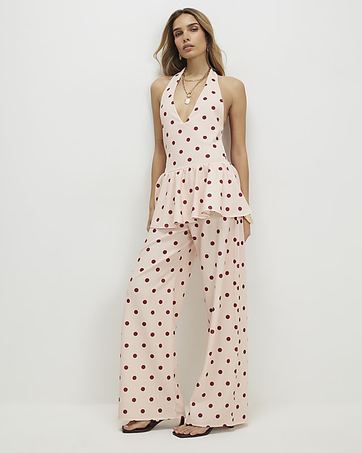 Pink Spot Halter Neck Peplum Top