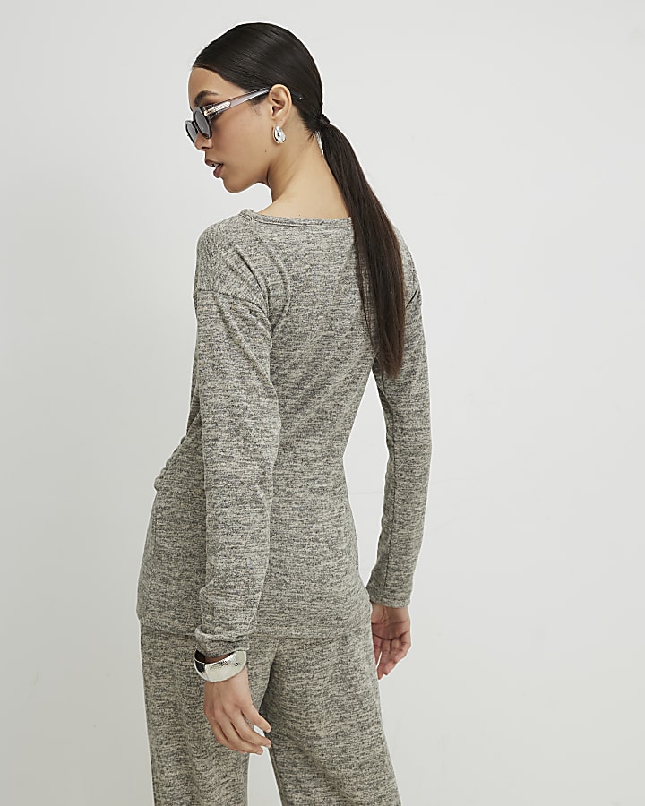 Grey Long Sleeve Tie Top
