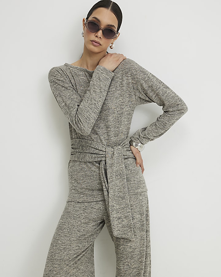 Grey Long Sleeve Tie Top
