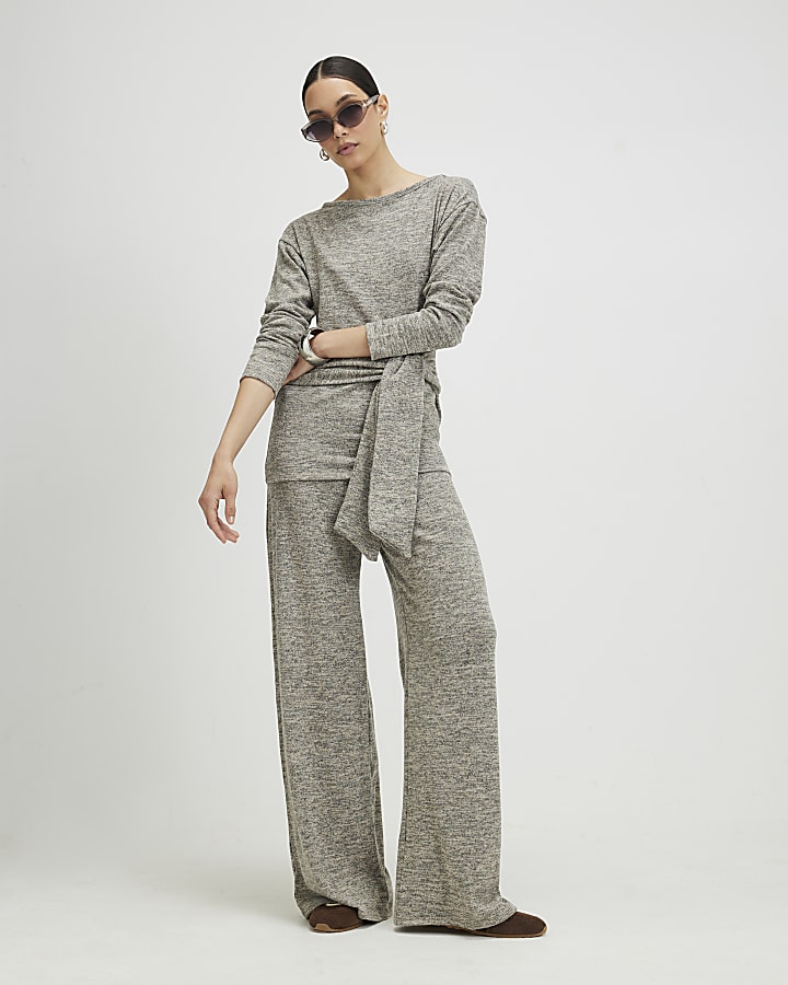 Grey Long Sleeve Tie Top