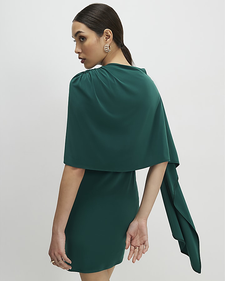 Green Asymmetric Drape Cape Dress