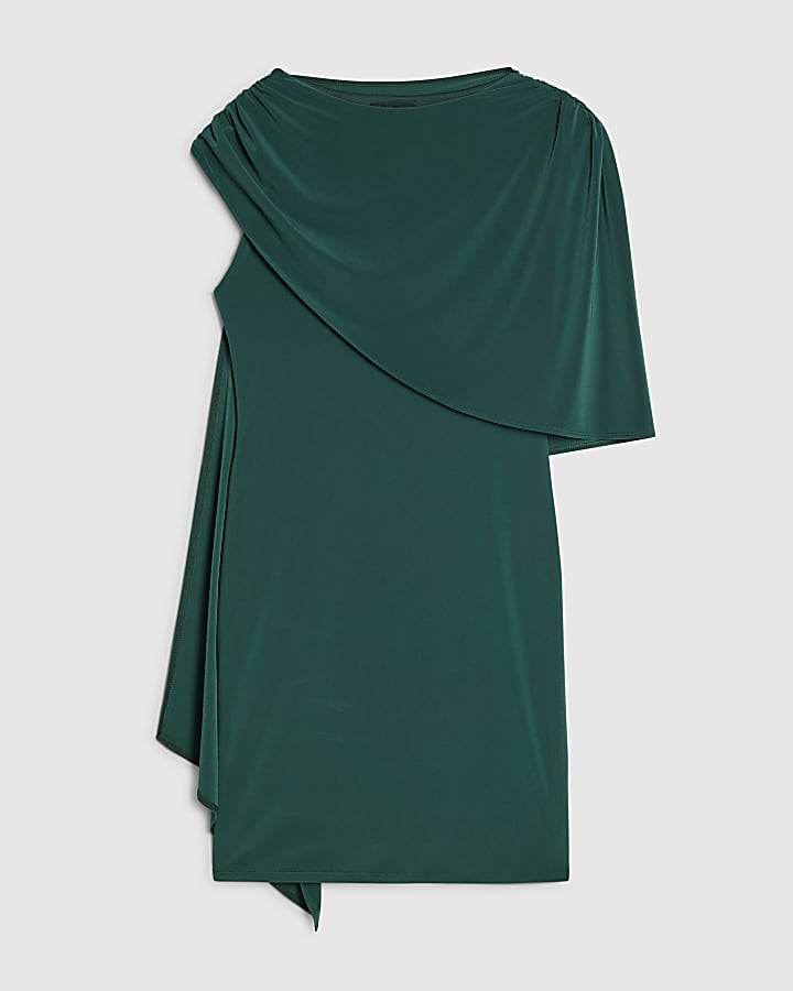 Green Asymmetric Drape Cape Dress