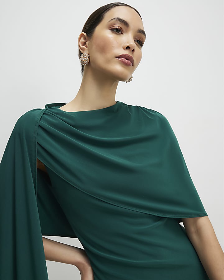 Green Asymmetric Drape Cape Dress