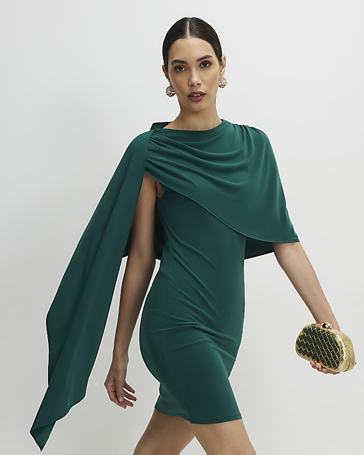 Green Asymmetric Drape Cape Dress