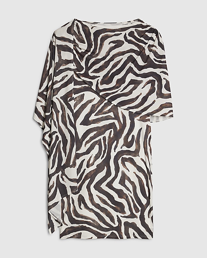 White Zebra Print Asymmetric Cape Dress