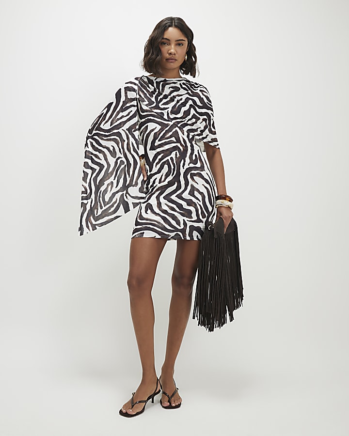 White Zebra Print Asymmetric Cape Dress