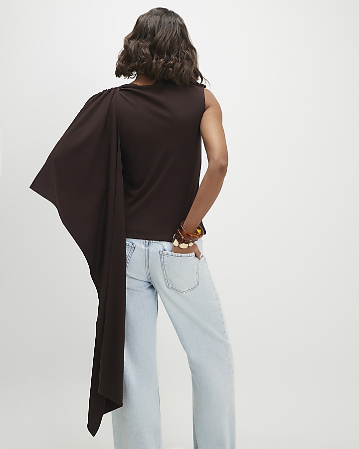 Brown Asymmetric Drape Cape Top