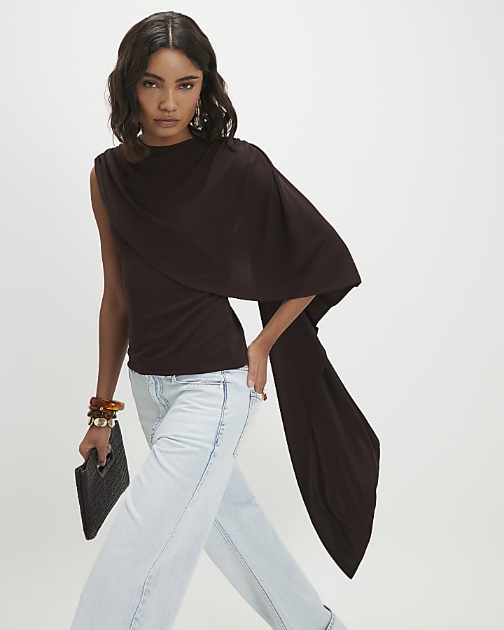 Brown Asymmetric Drape Cape Top