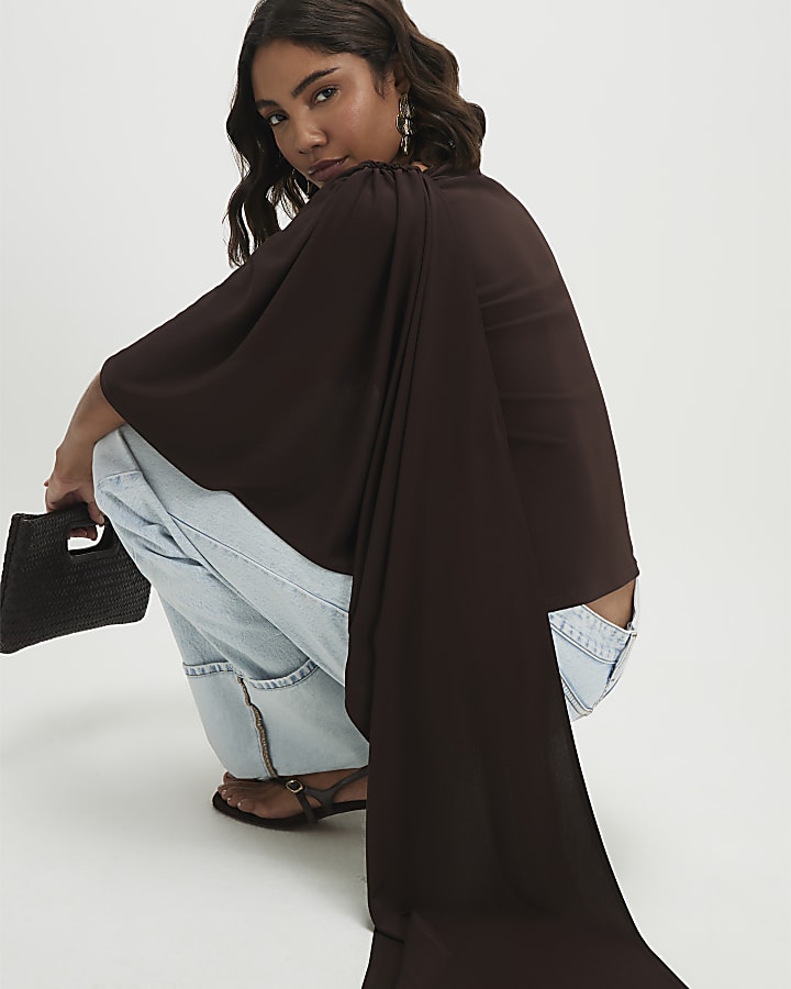 Brown Asymmetric Drape Cape Top