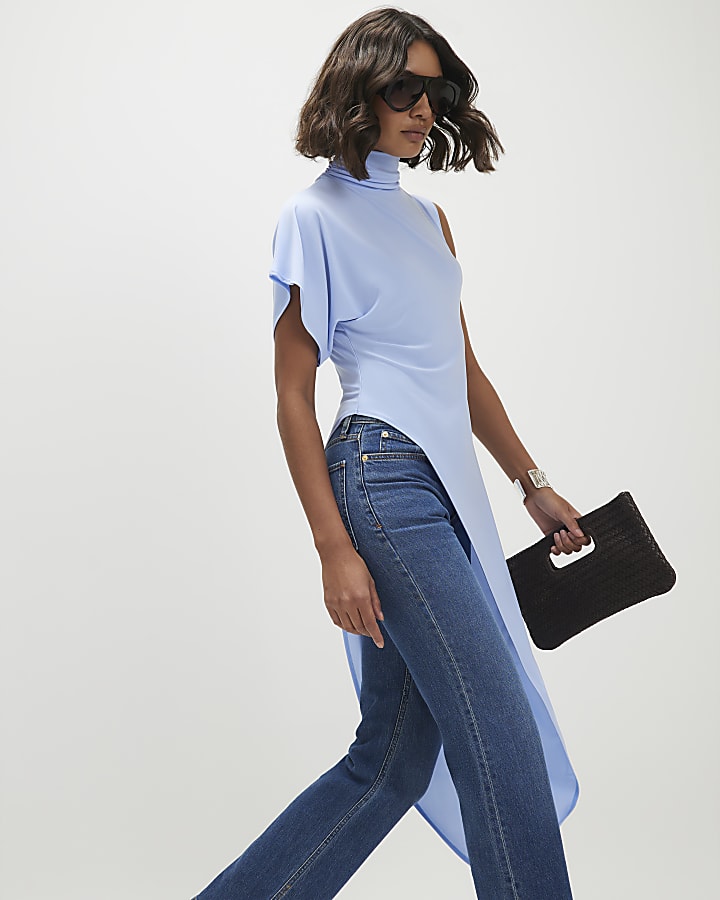 Blue Asymmetric High Neck Top