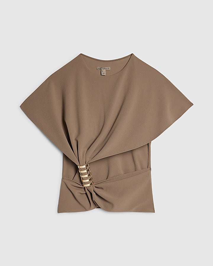 Beige Ruched Front Spiral Trim Top