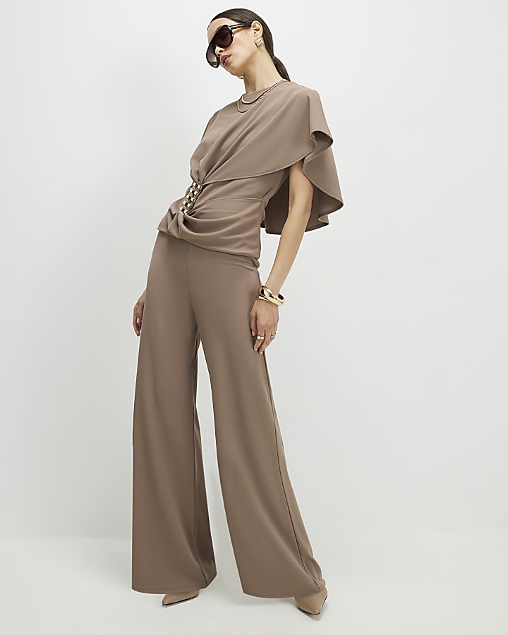 Beige Ruched Front Spiral Trim Top