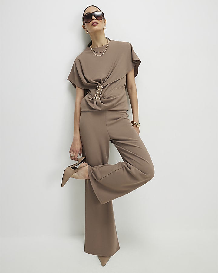 Beige Wide Leg Trousers