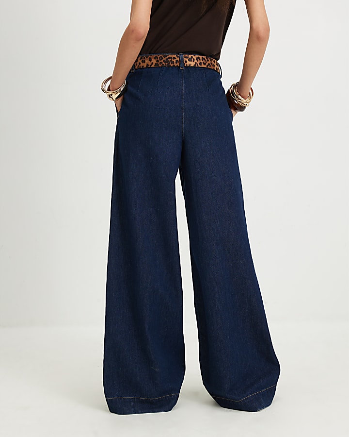 Blue High Waisted Pleat Belted Wide Leg Jeans