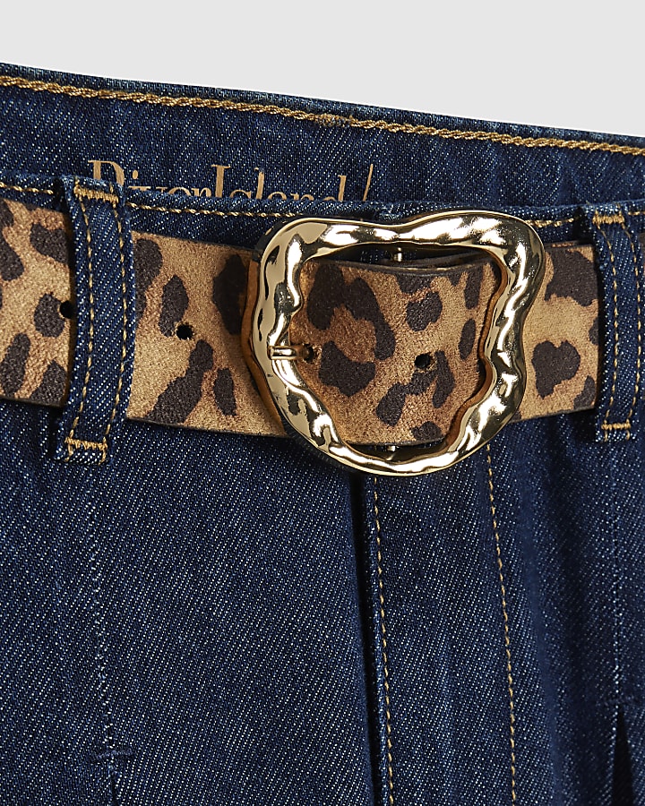 Blue High Waisted Pleat Belted Wide Leg Jeans