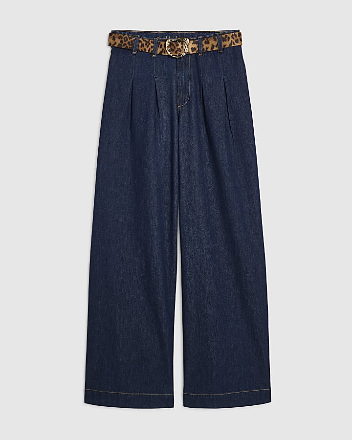 Blue High Waisted Pleat Belted Wide Leg Jeans