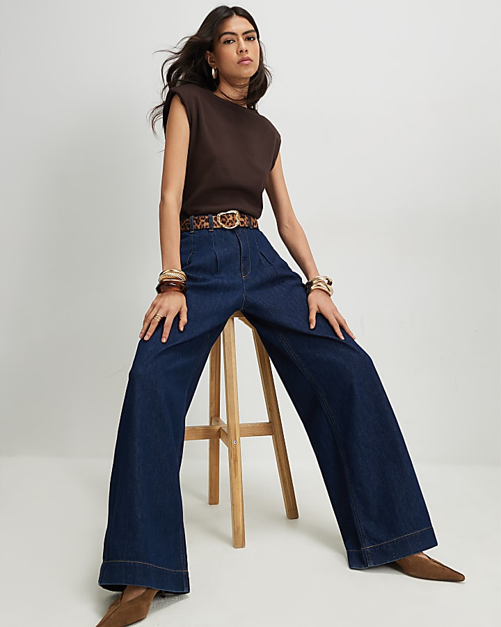 Blue High Waisted Pleat Belted Wide Leg Jeans