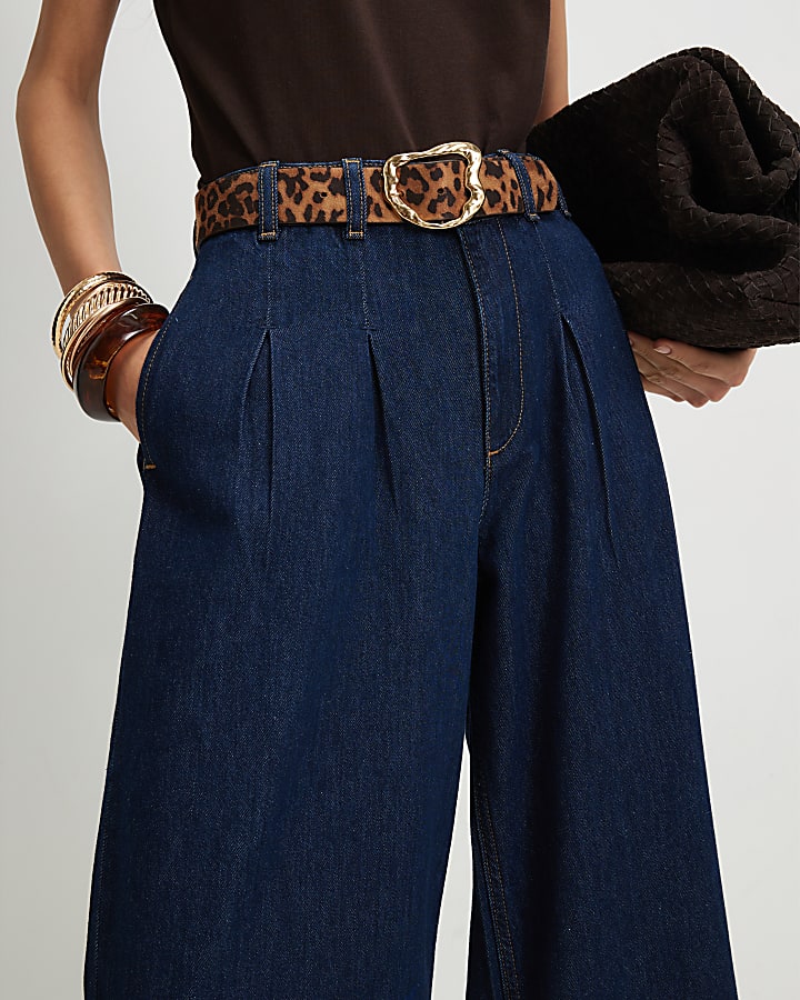 Blue High Waisted Pleat Belted Wide Leg Jeans