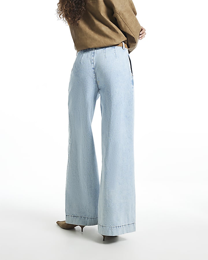 Blue High Waisted Pleated Belt Wide Leg Jeans