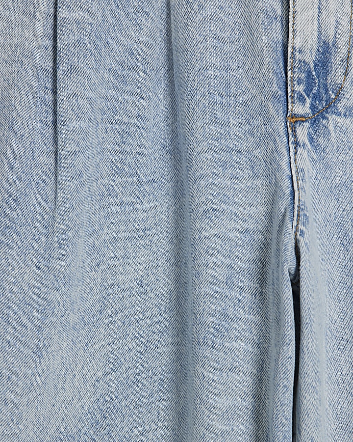 Blue High Waisted Pleated Belt Wide Leg Jeans