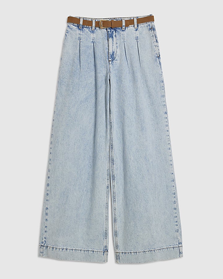 Blue High Waisted Pleated Belt Wide Leg Jeans