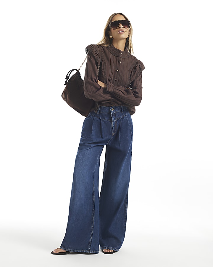 Blue Corset Waist High Waist Wide Leg Jeans