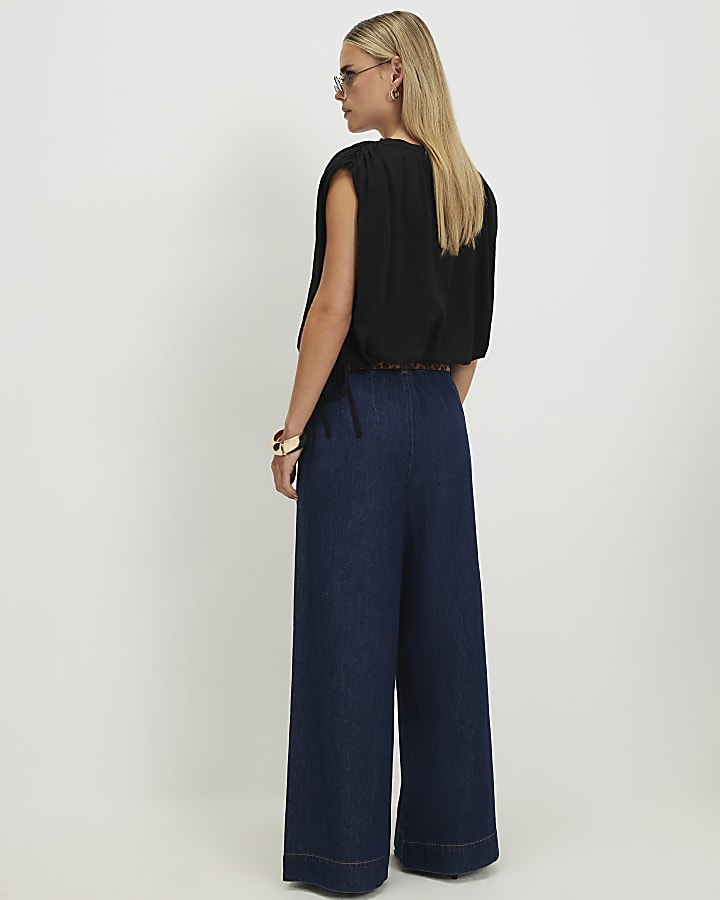 Petite Blue High Waisted Belt Wide Leg Jeans