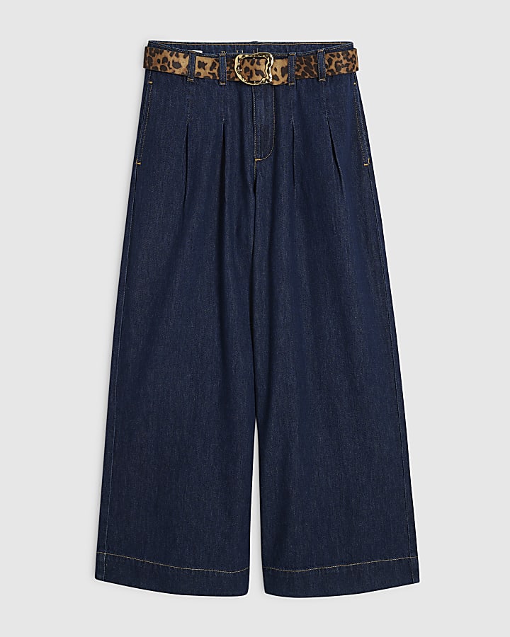 Petite Blue High Waisted Belt Wide Leg Jeans