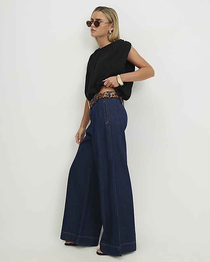 Petite Blue High Waisted Belt Wide Leg Jeans