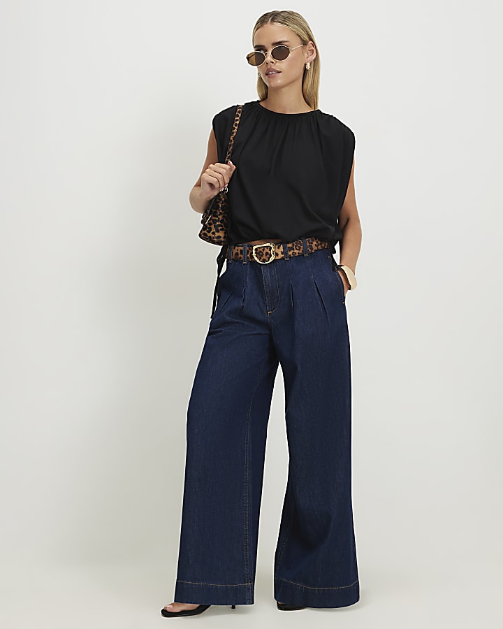 Petite Blue High Waisted Belt Wide Leg Jeans