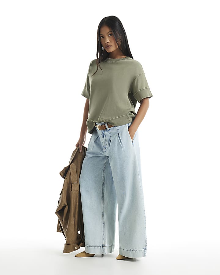 Petite Blue High Waisted Belt Wide Leg Jeans