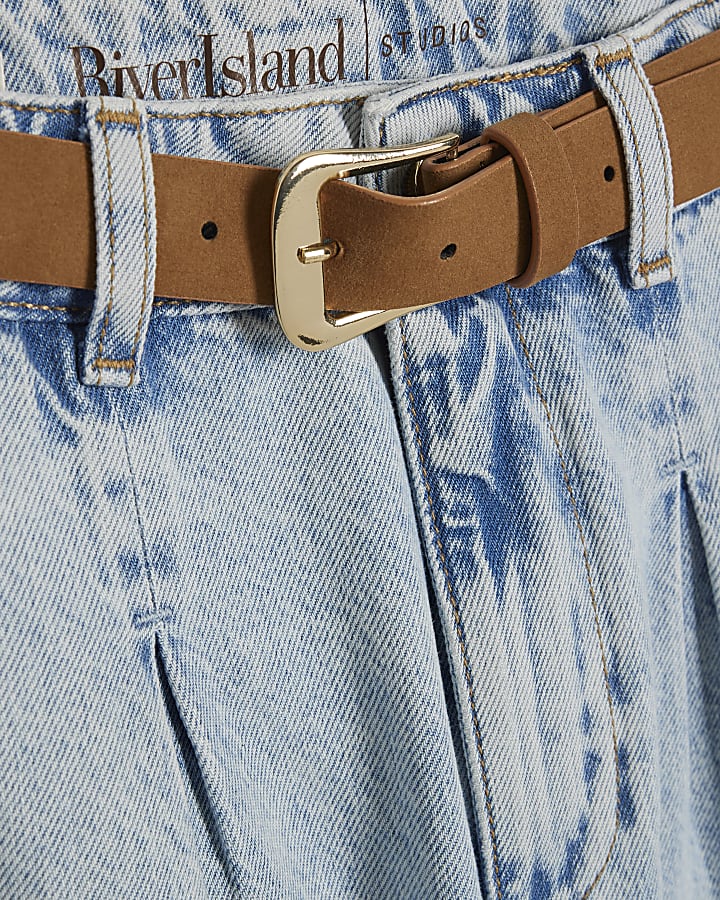 Petite Blue High Waisted Belt Wide Leg Jeans