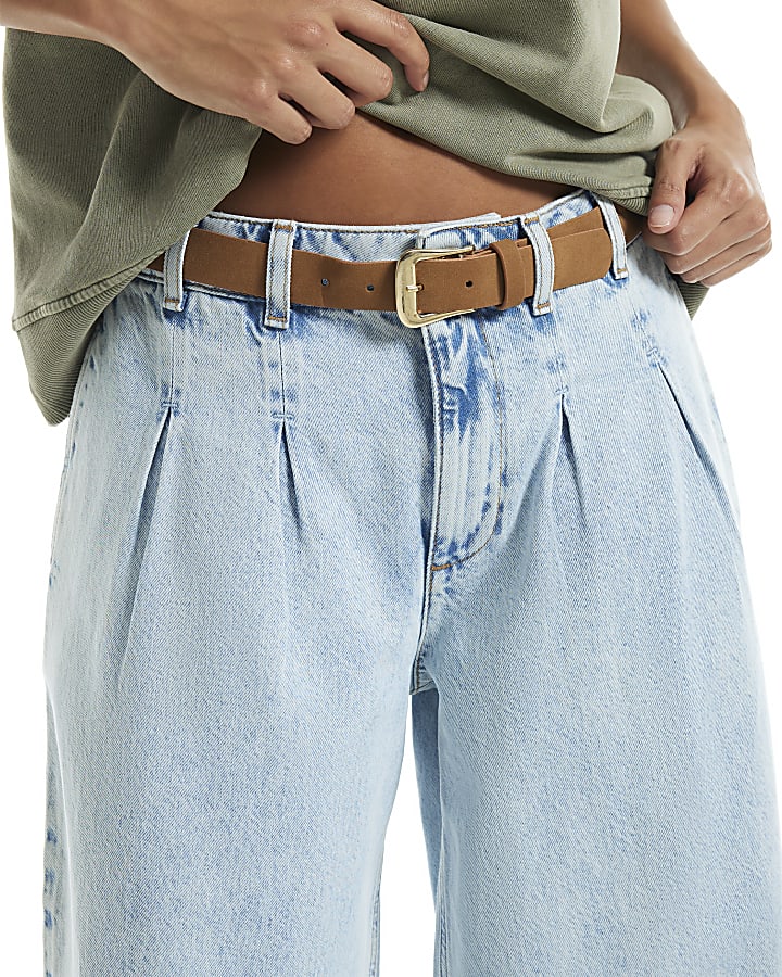 Petite Blue High Waisted Belt Wide Leg Jeans