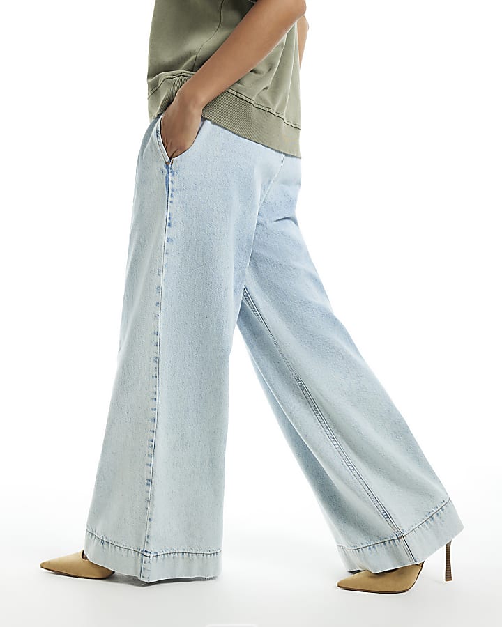 Petite Blue High Waisted Belt Wide Leg Jeans