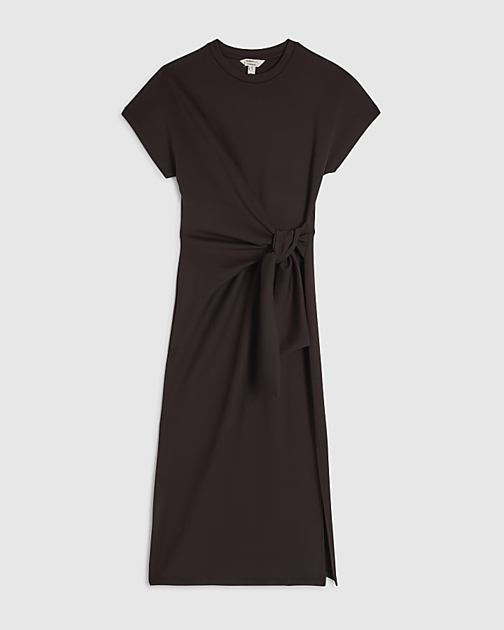 Brown Tie Side Midi Dress
