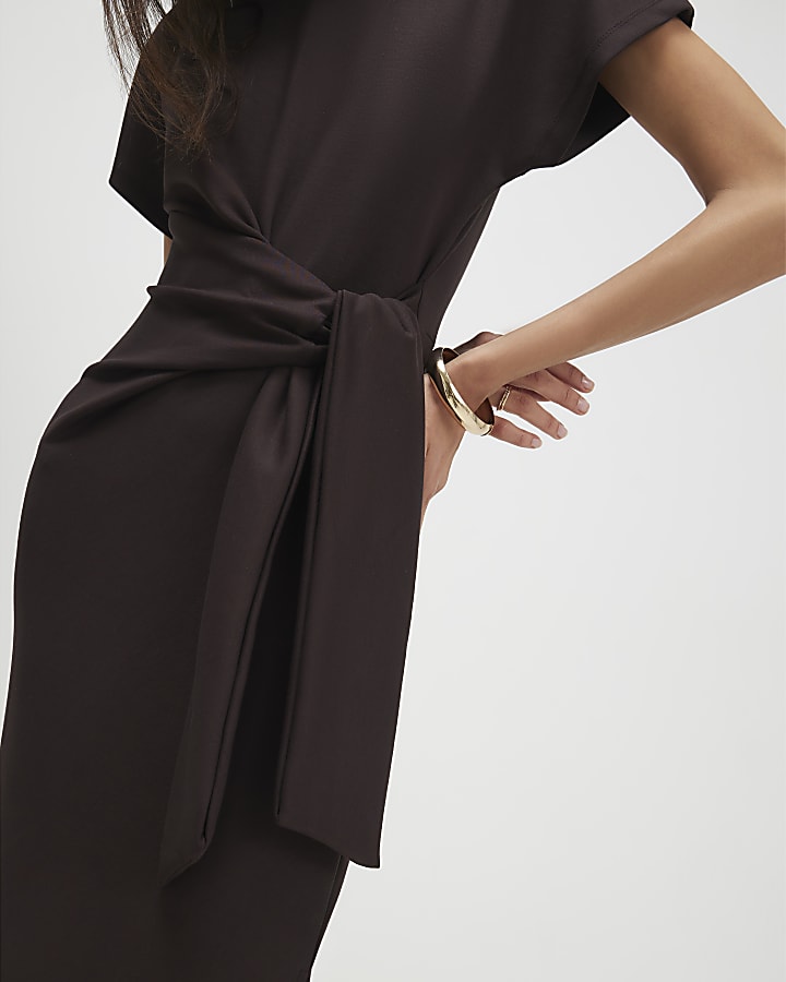Brown Tie Side Midi Dress