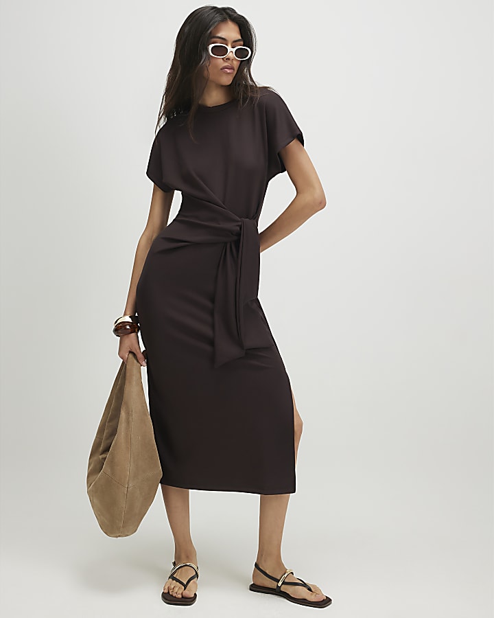 Brown Tie Side Midi Dress