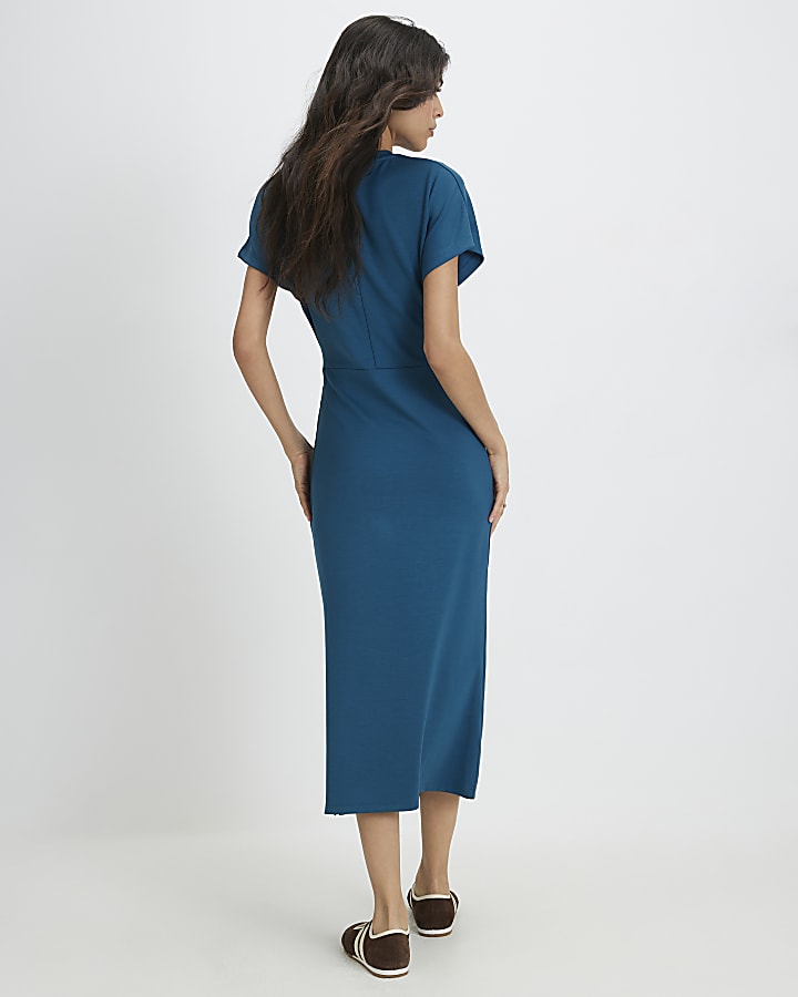 Blue Premium Short Sleeve Tie Side Midi Dress