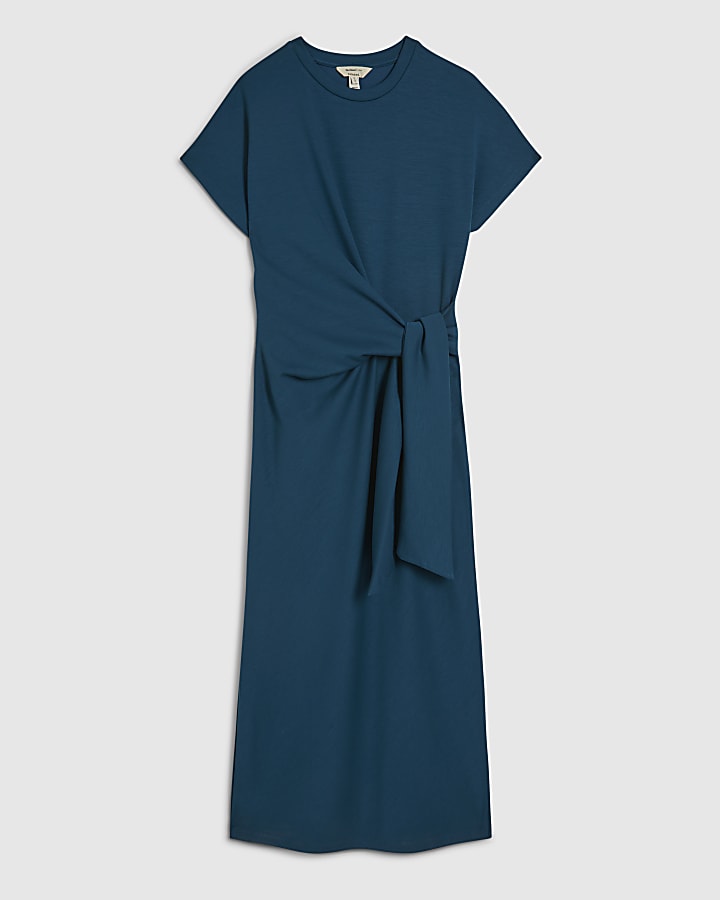 Blue Premium Short Sleeve Tie Side Midi Dress