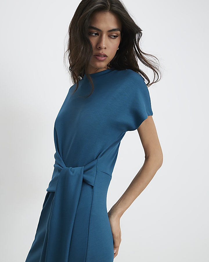 Blue Premium Short Sleeve Tie Side Midi Dress