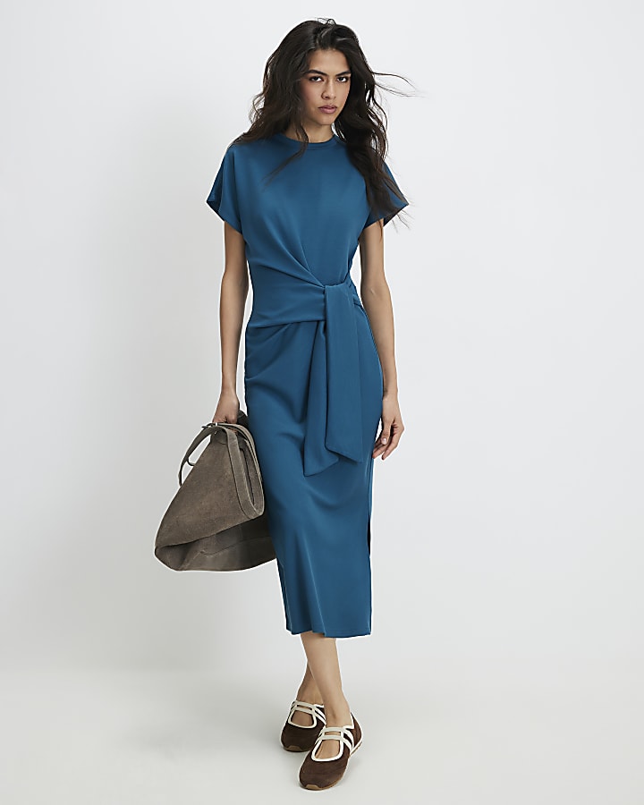 Blue Premium Short Sleeve Tie Side Midi Dress