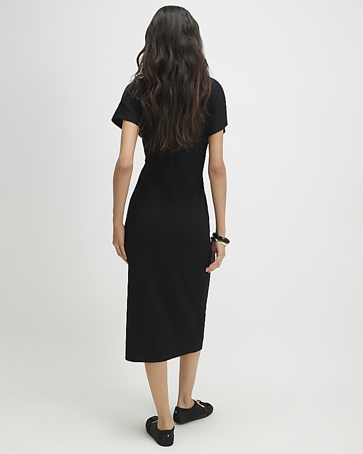 Black Premium Tie Side Midi Dress