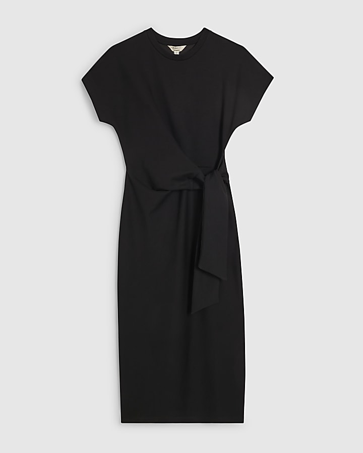 Black Premium Tie Side Midi Dress