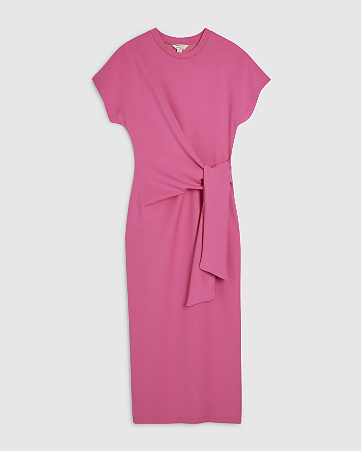 Pink Premium Short Sleeve Tie Side Midi Dress