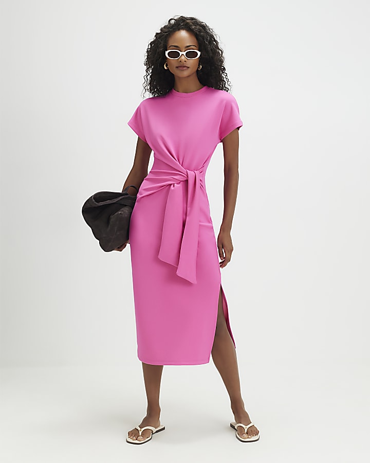 Pink Premium Short Sleeve Tie Side Midi Dress